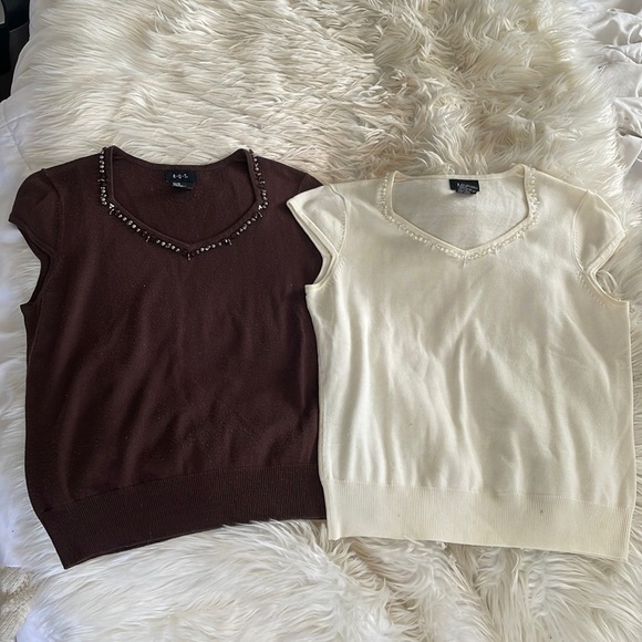 RQT Tops - RQT brown beige white shirt sleeve v neck beaded bedazzled blouse top shirts M